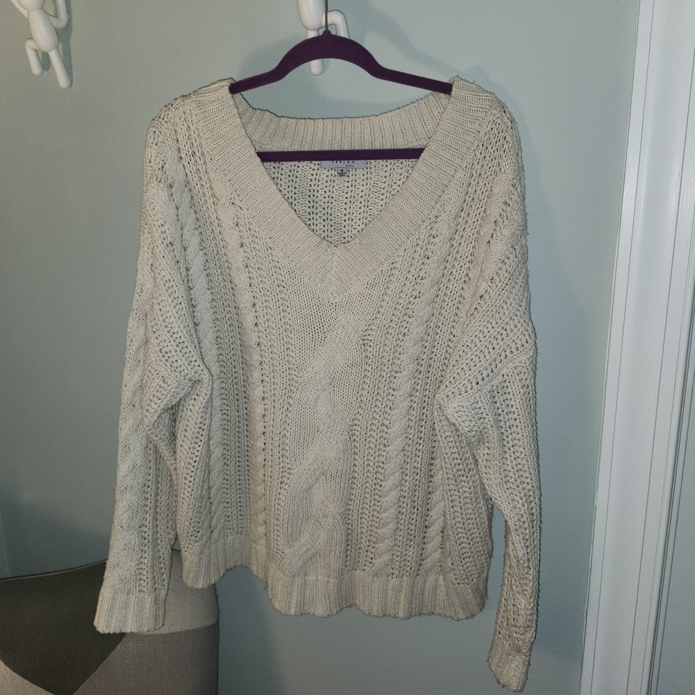 FAVLUX Cream V-Neck Cable Knit Sweater